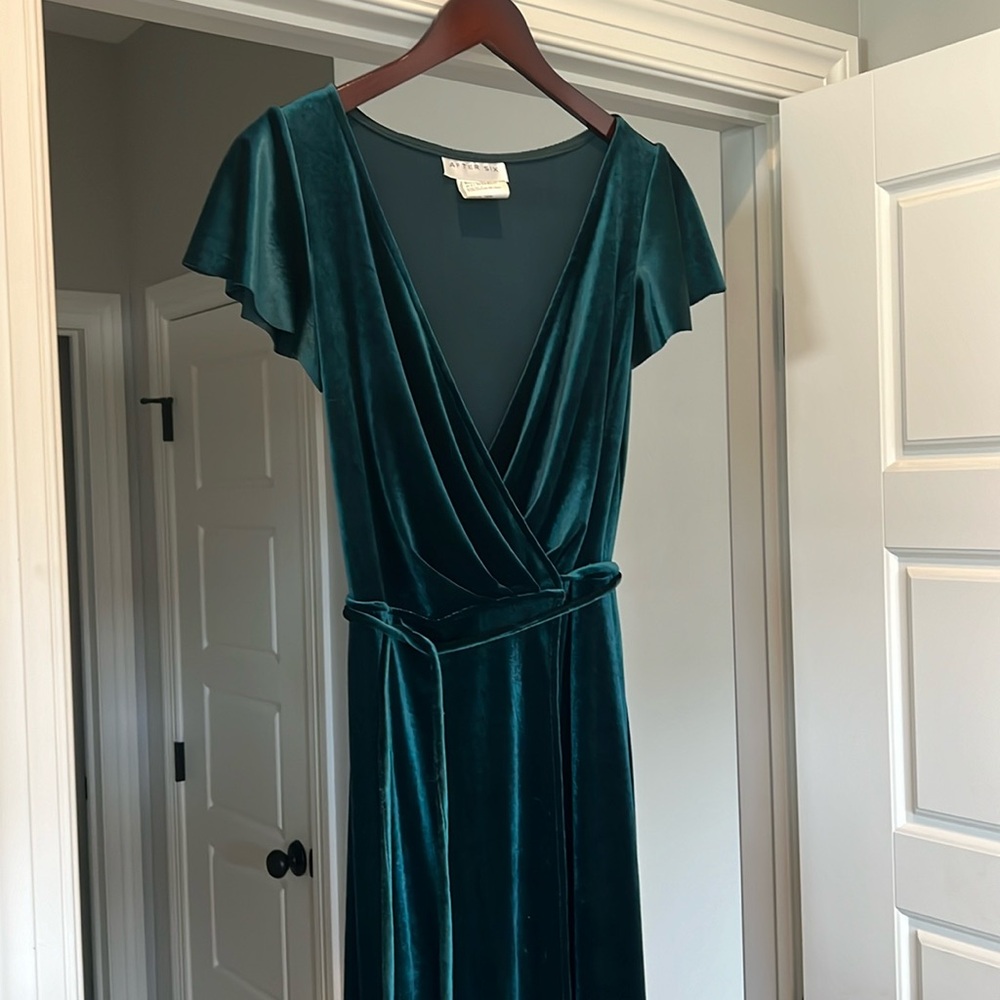 After Six Flutter Sleeve Velvet Wrap Maxi Dress with Pockets in “Evergreen”